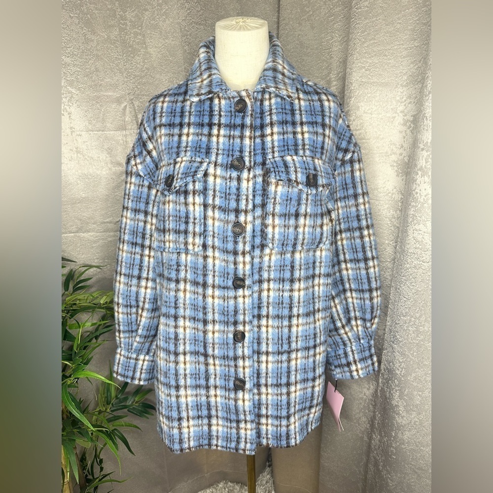 NWT Avec Les Filles Women’s RARE Oversized Brushed Plaid Shacket in Blue Sz S
